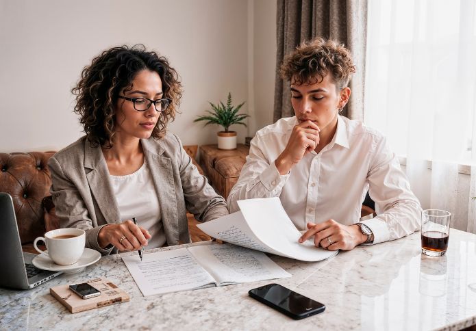 Probate lawyer explaining estate planning documents to client during legal consultation