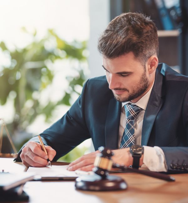 Lawyer preparing legal documents for a court of appeal case in a professional office setting.